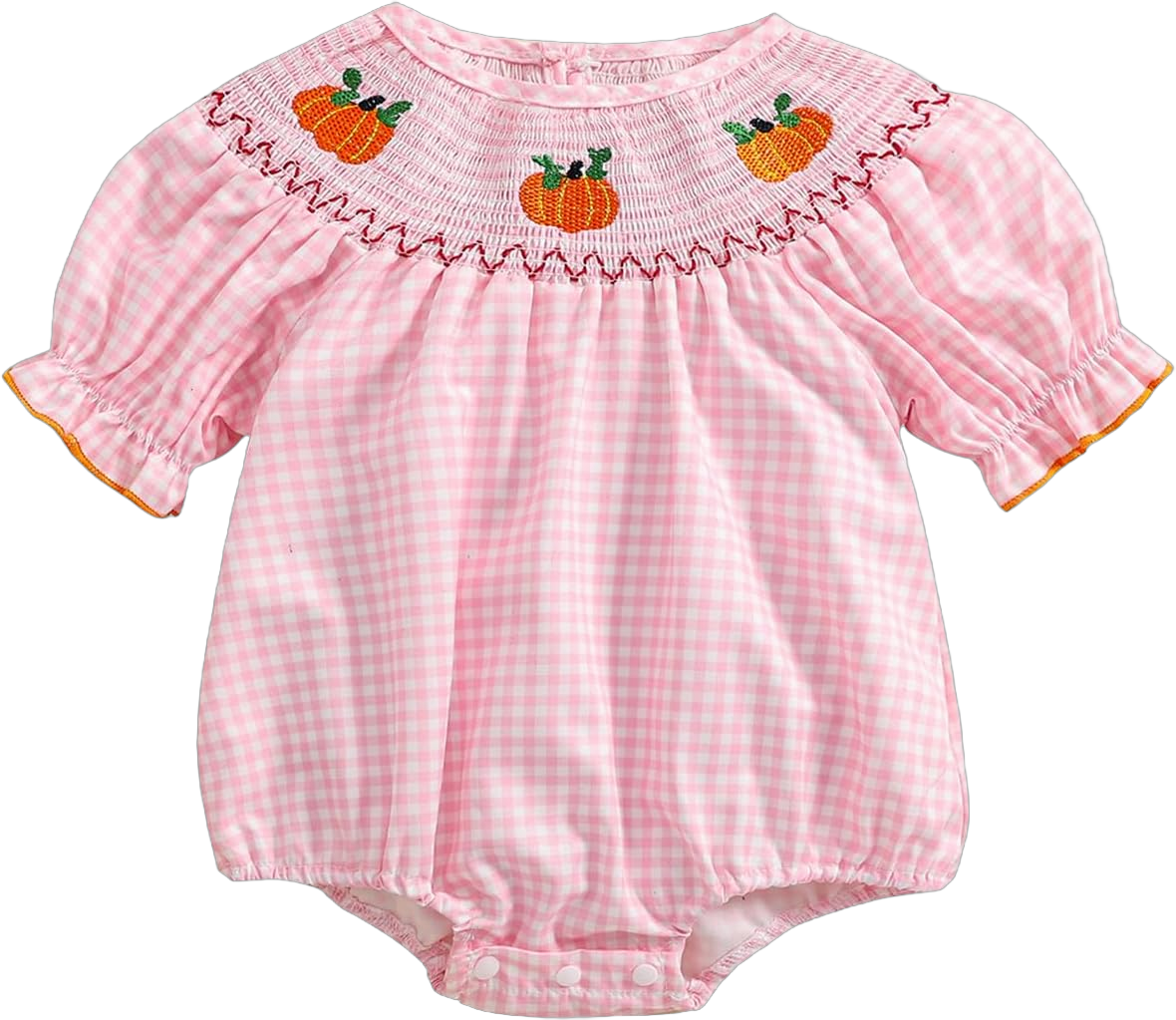 Ayalinggo Halloween Baby Girl Outfits Newborn Pumpkin Plaid Short Sleeve Smocked Bubble Romper Cute Infant Christmas Clothes Pink 18-24 Months