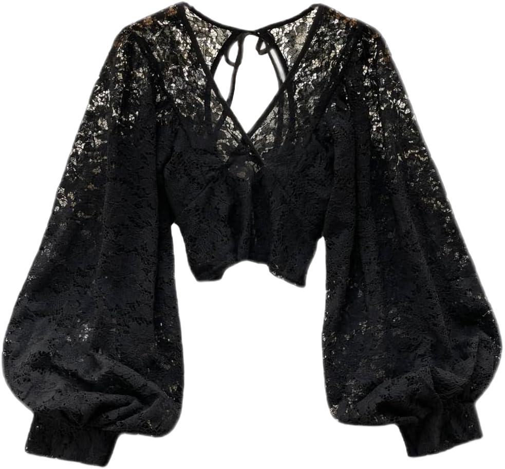 Womens Lace Blouse Long Sleeve Cute Thirt Lace Top Fairy Grunge Clothes Cottagecore Clothing Gothic Shirt One Size Black