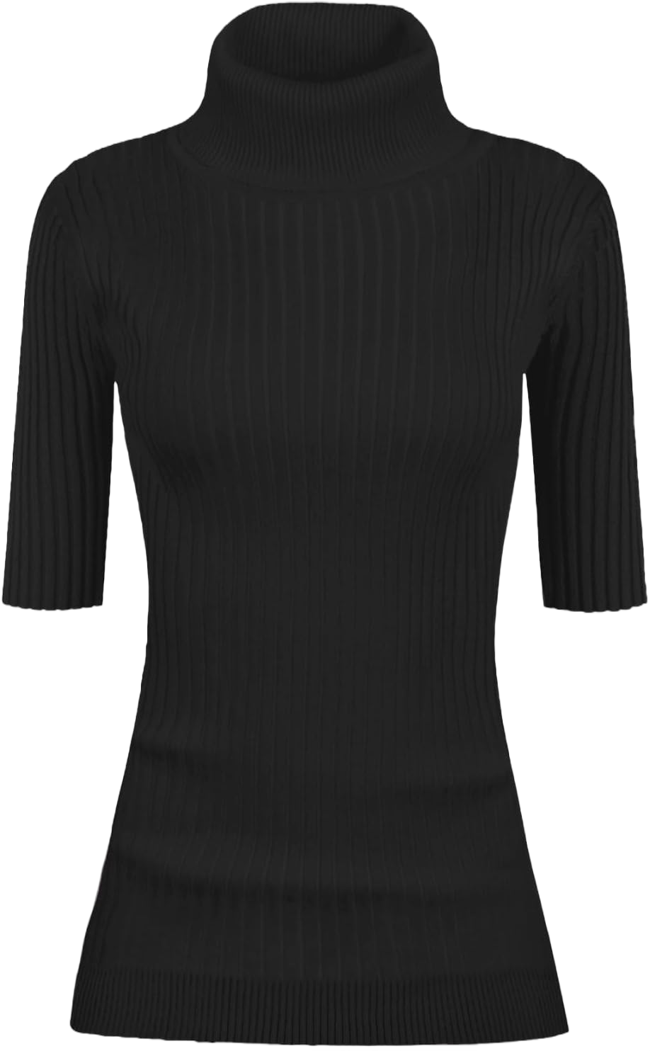 v28 Women Turtleneck 1/2 Half Sleeve Highly Stretchy Ribbed Knit Fitted Sweater Medium Black