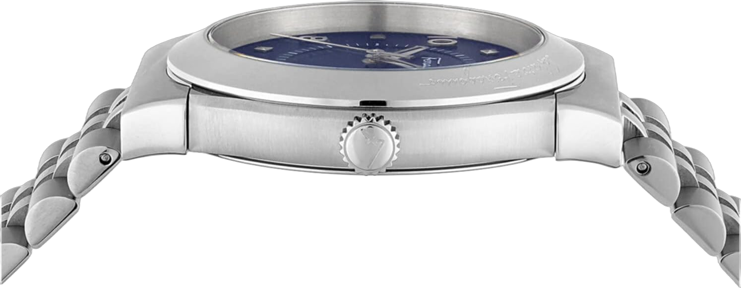 Ferragamo Womens Swiss Made Watch Vega Collection Featuring Stainless Steel 5 Link Bracelet with Silver Tones with Sophisticated Minimalist Blue Dial and Stainless Steel Details Swiss Quartz Movement