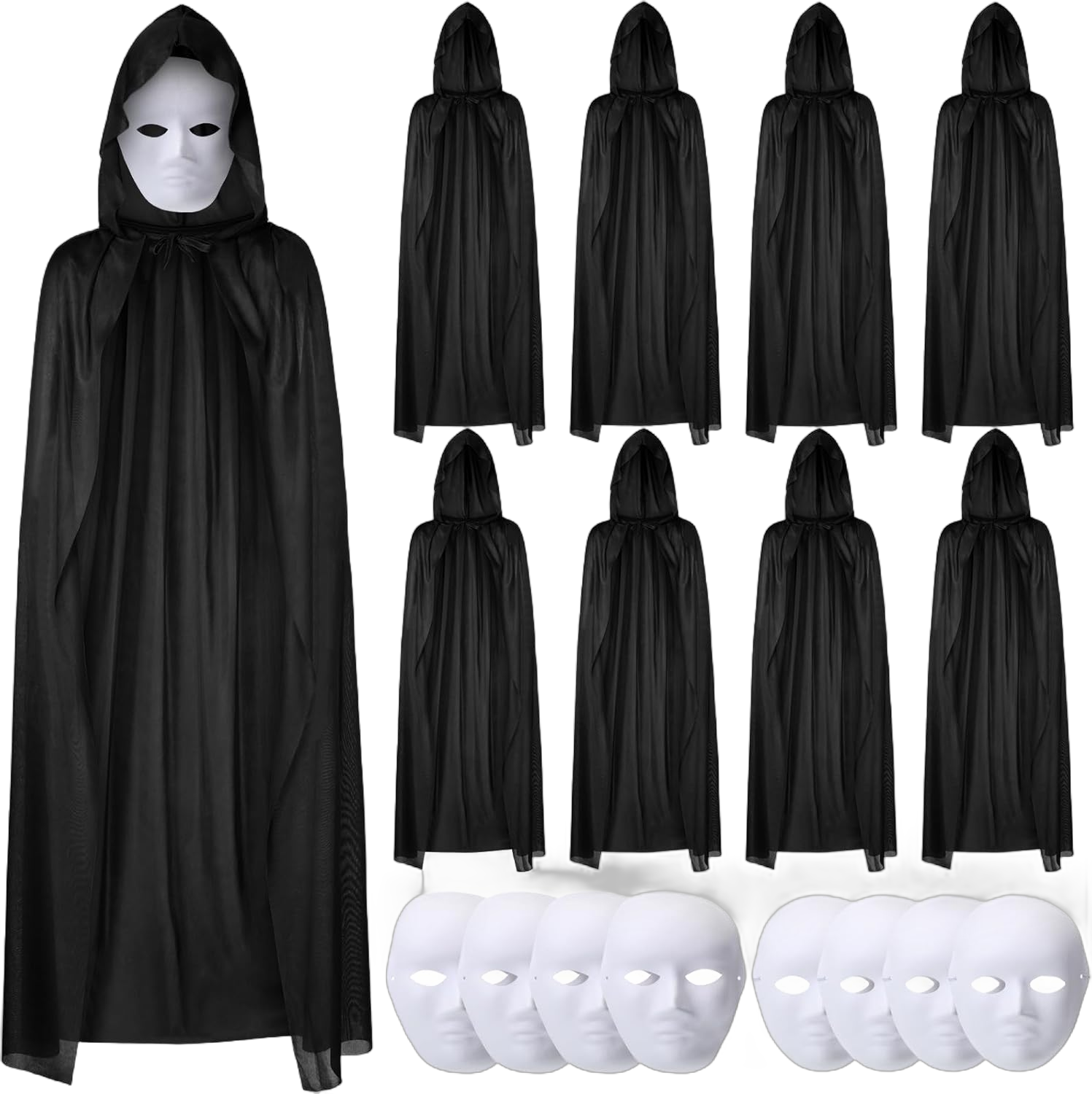 16 Pcs Halloween Black Cloak Masks Sets, 8 Adult Black Cloaks with Hood and 8 Full Face Masks Invisible Cloak Cape Robe for Adult Halloween Costume Cosplay Carnivals Party