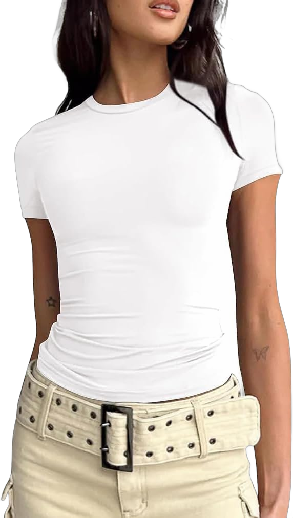 Meiweileya 2 Piece Basic Short Sleeve Tees for Women Tight Shirts Y2k Crop Top Fitted T Shirt Summer Going Out Tops Dupes White Tight Small