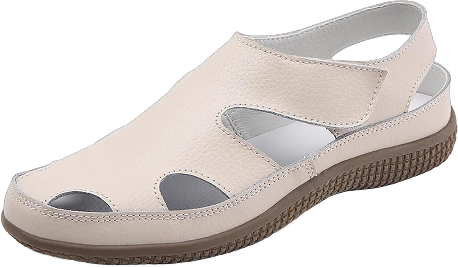 Women's Leather Flat Loafers Slip On Hollow Out Closed-Toe Soft Sole Sandals Summer Outdoor Comfortable Walking Shoes 10 Beige