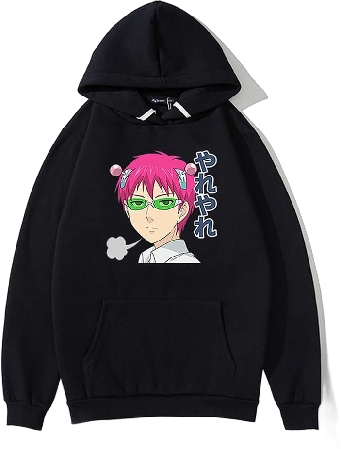 WJHYWDH 2021 New Anime Hoodies Saiki Kusuo no sai-nan Merch Casual Hooded Sweatshirt Unisex Clothing Medium Black