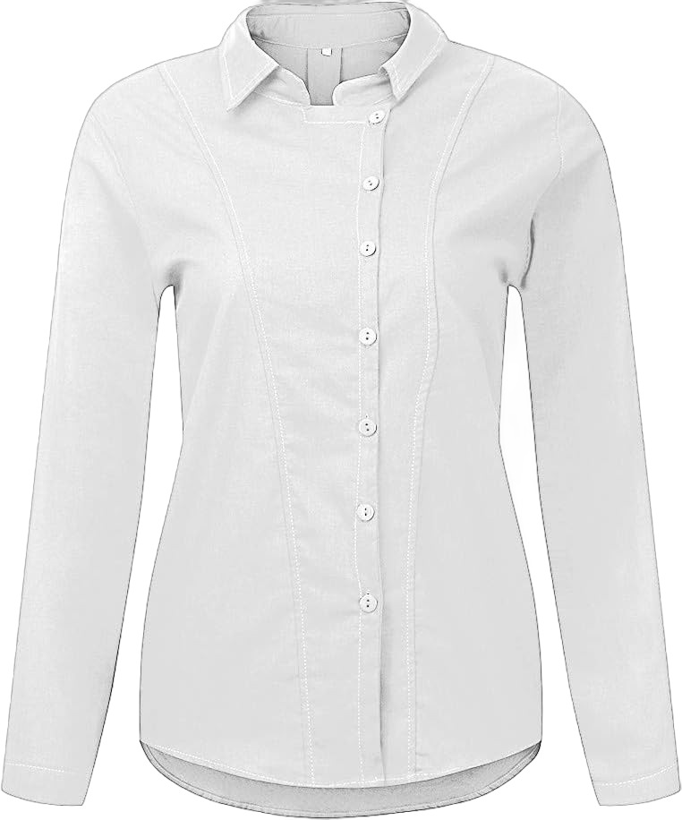 Button Down Lapel Shirts for Women Fashion Cotton Linen Plain Wrap Neck Blouses Long Sleeve Loose Fit Dress Tops White Large