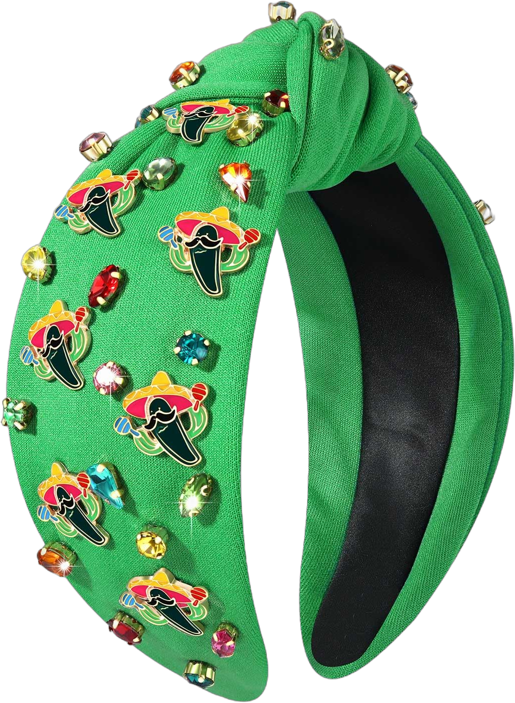 Mexican Headband for Women Cinco De Mayo Accessories Fiesta Sombrero Chili Pepper Cactus Knotted Headband Jeweled Crystal Wide Top Knot Headband Fiesta Party Decorations (Green)