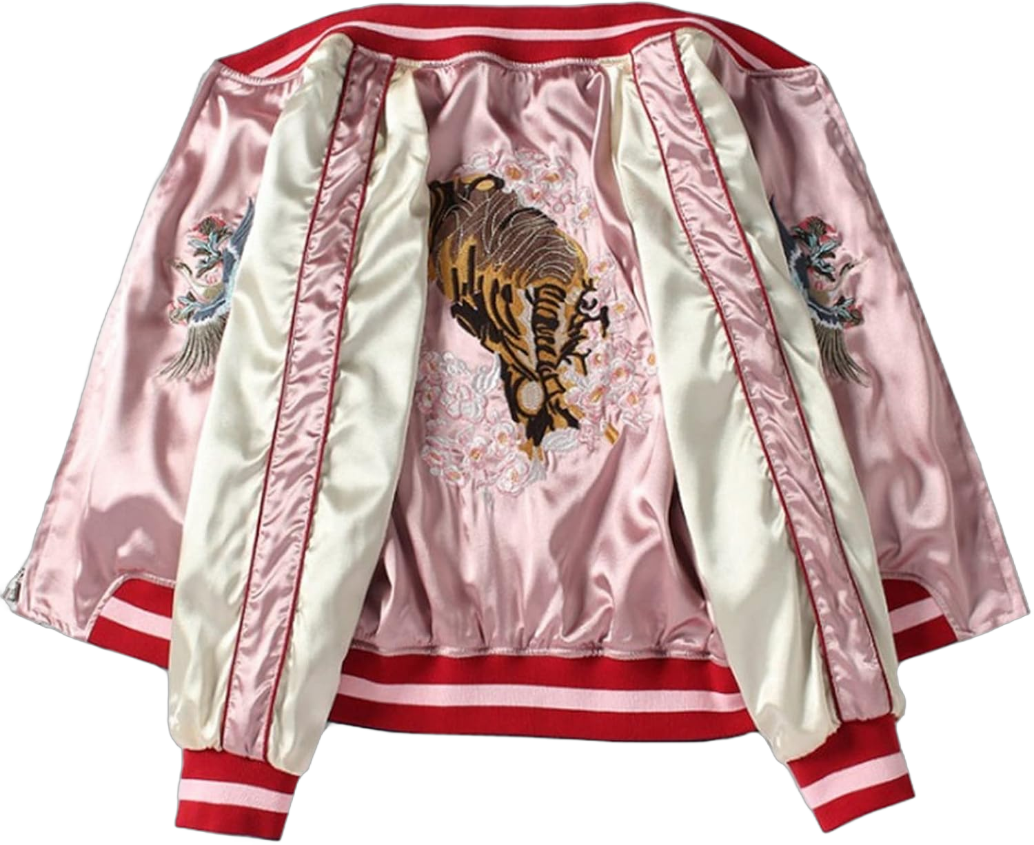 Satin Sukajan Tiger Embroidered Women Bomber Baseball Jacket Japan Harajuku Female Coat,Pink,XS