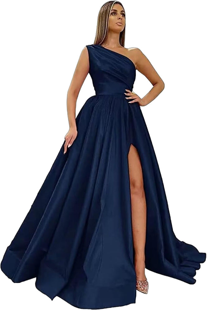 XYAYE One Shoulder Satin Prom Dresses with Slit Long Formal Evening Gowns with Pockets for Women Party Dresses 20 Plus Navy Blue