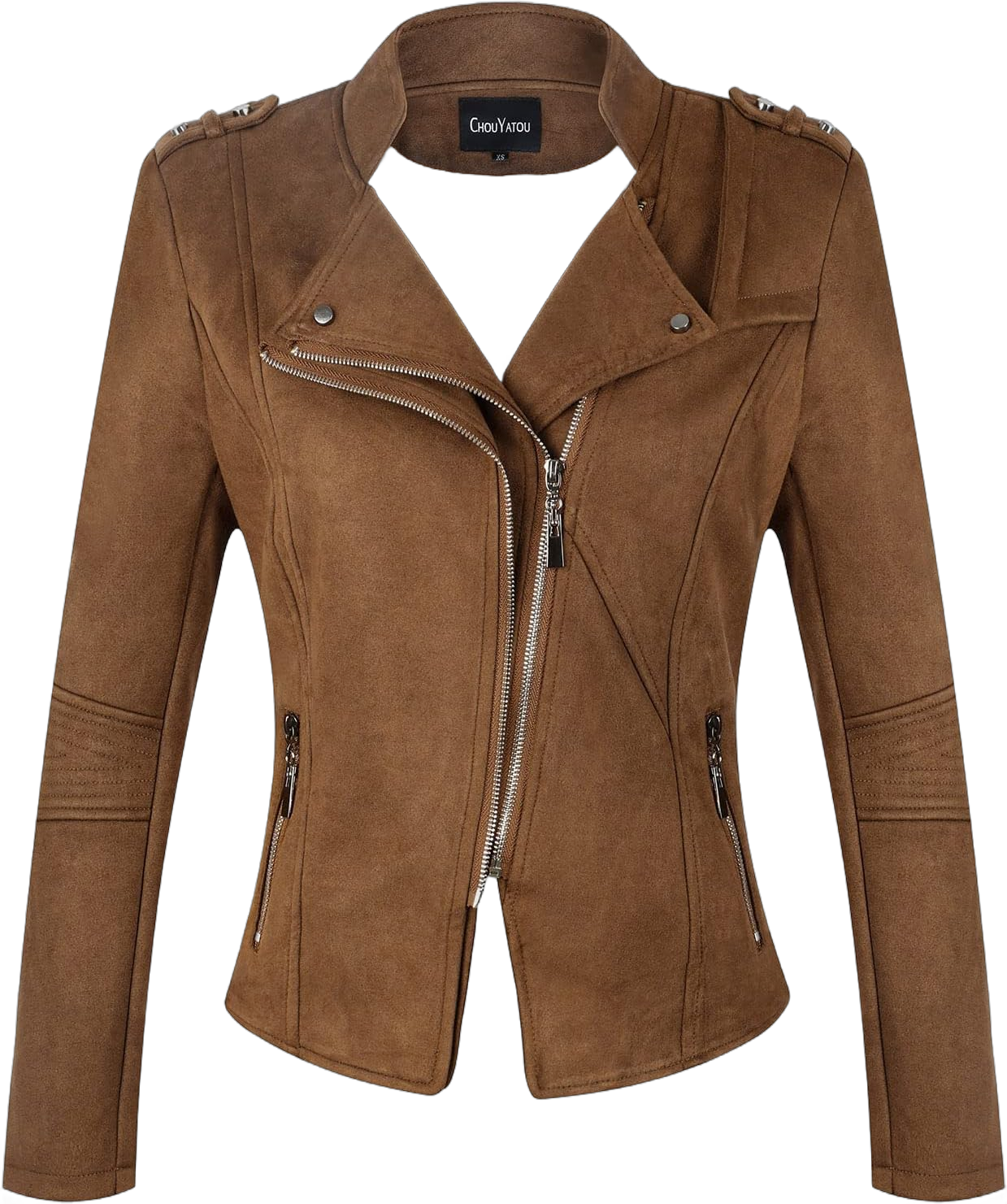 chouyatou Women's Candy Color Asymmetric Zip Slim Faux Leather Cropped Moto Jacket Medium Suede Brown