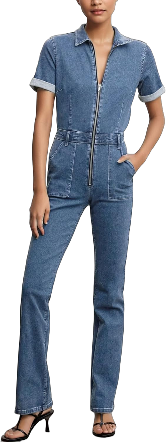 Slim Zip Up Denim Jumpsuit for Women Sexy Short Sleeve Flare Jeans Long Pants One Piece Rompers with Pockets(LightBlue-L), Large