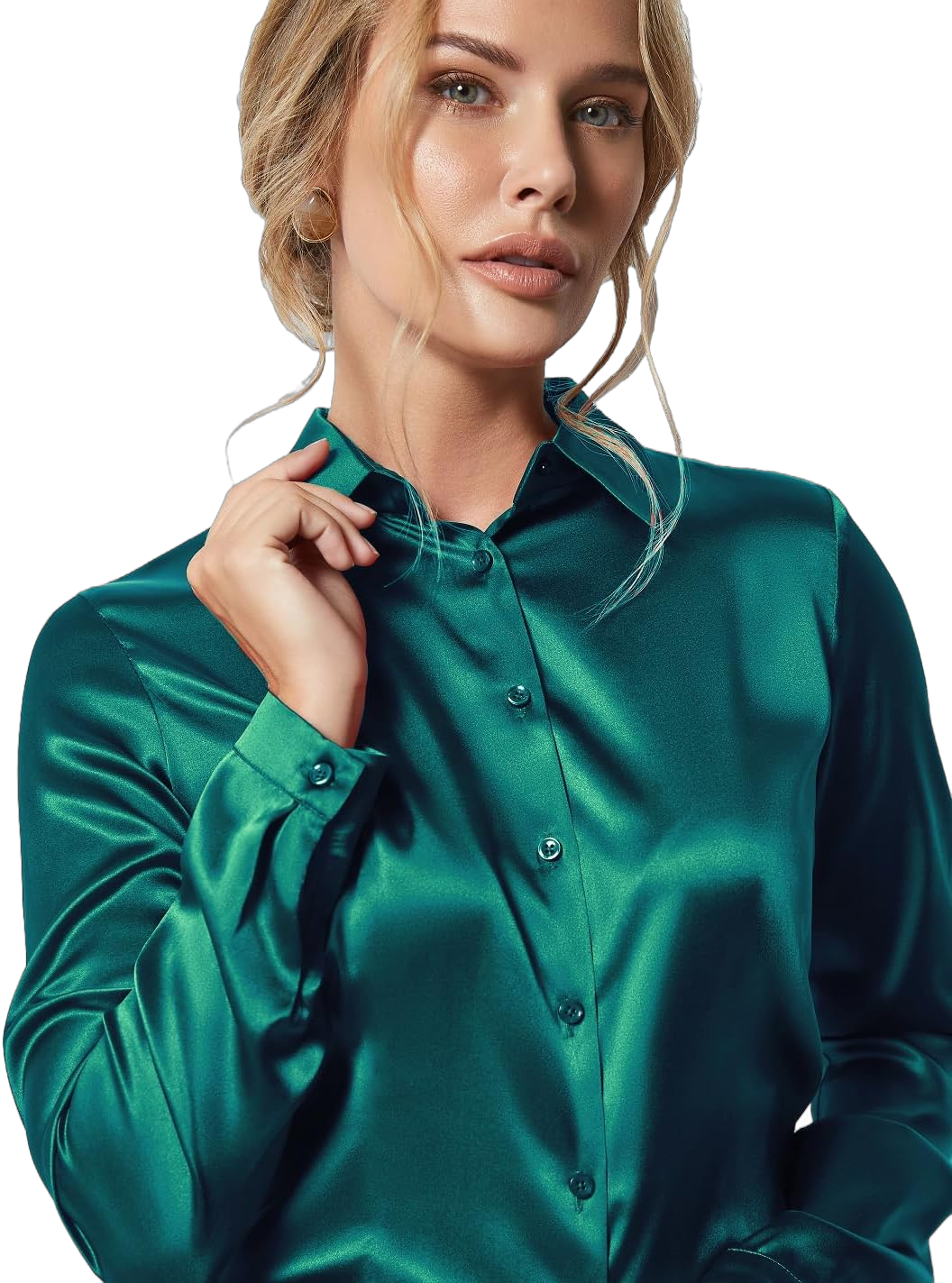 Women's Blouse Satin Silk Shirts, Casual Loose Long Sleeve for Office Work, Corporate Outfit Clothes Large Emerald Green