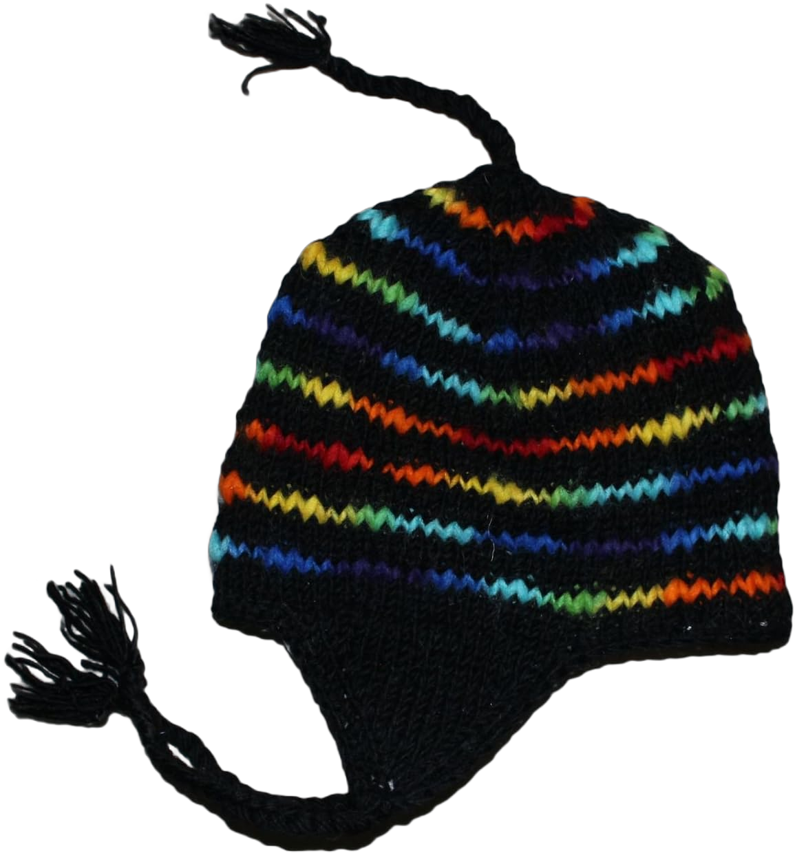 Wool Hand Knit Unisex Fleece Lined Ear Flap Beanie Sherpa Cap Hat Nepal Medium-Large Black W/ Color