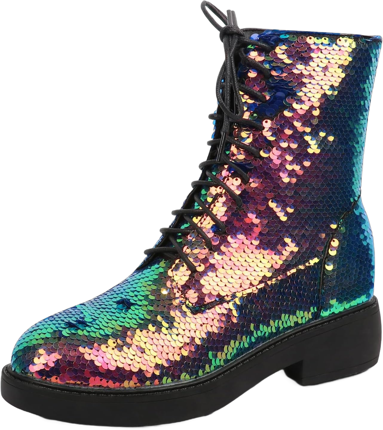 Betastella Women's Lace Up Glitter Combat Ankle Boots Chunky Heel Sequin Booties 6.5 Iridescent