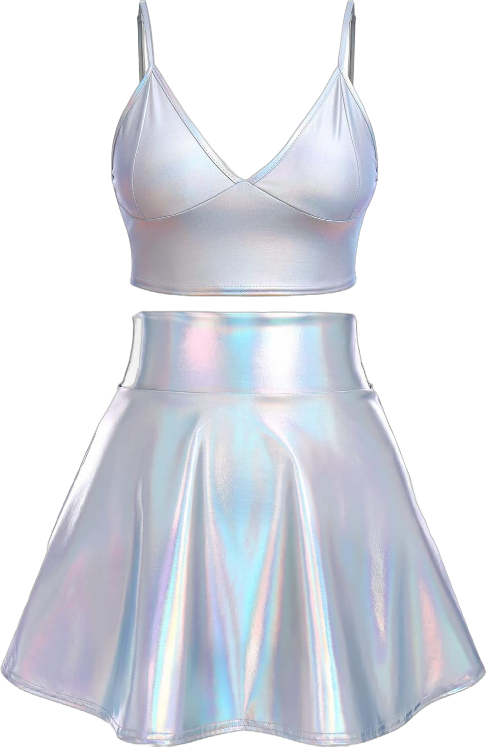 ABAFIP Women Rave Outfits Holographic Shiny Strappy Cami Crop Top Flared Short Skirt 2Pcs Alien Festival Clothes Large Holographic