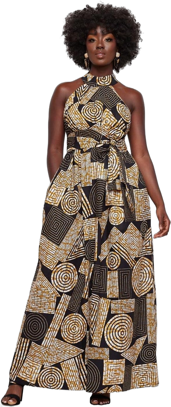 D'IYANU | Ronke African Pattern Ankara Maxi Dress for Women | Traditional Culture Kente Print Cloth X-Large Black Brown Geometrics