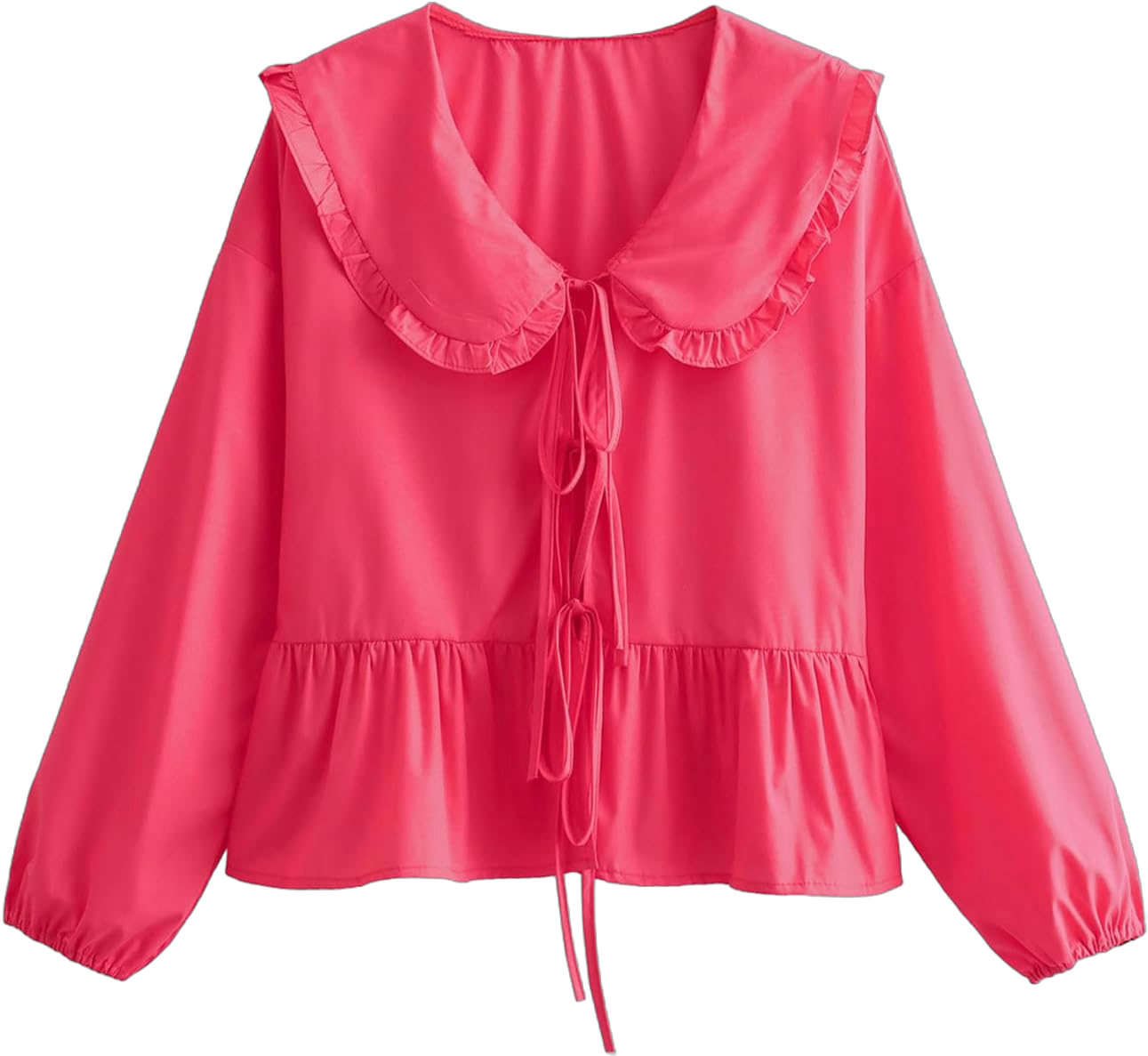 Gihuo Women's Lapel Doll Collar Y2K Blouse Cute Tie Front Babydoll Tops Ruffle Hem Puff Long Sleeve Peplum Shirts Medium Pink