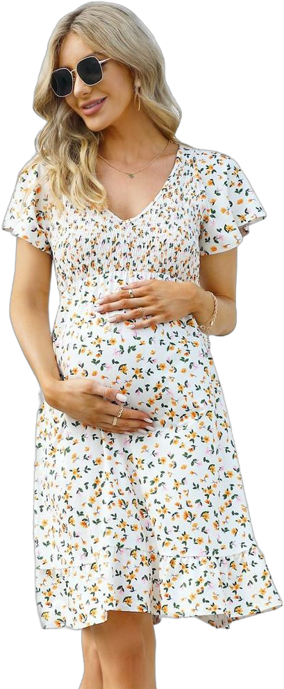 Women's Maternity Smocked Short Sleeve Summer Dress V Neck Boho Ruffle Casual Swing Midi Dress Baby Shower Photoshoot White Yellow Floral M