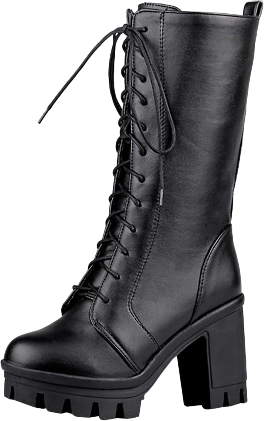 Women's Ankle Bootie Winter Lace Up Mid Calf Boots Thick Heel Faux Leather Platform Boots Warm Fleece Walking Shoes 7.5 Black