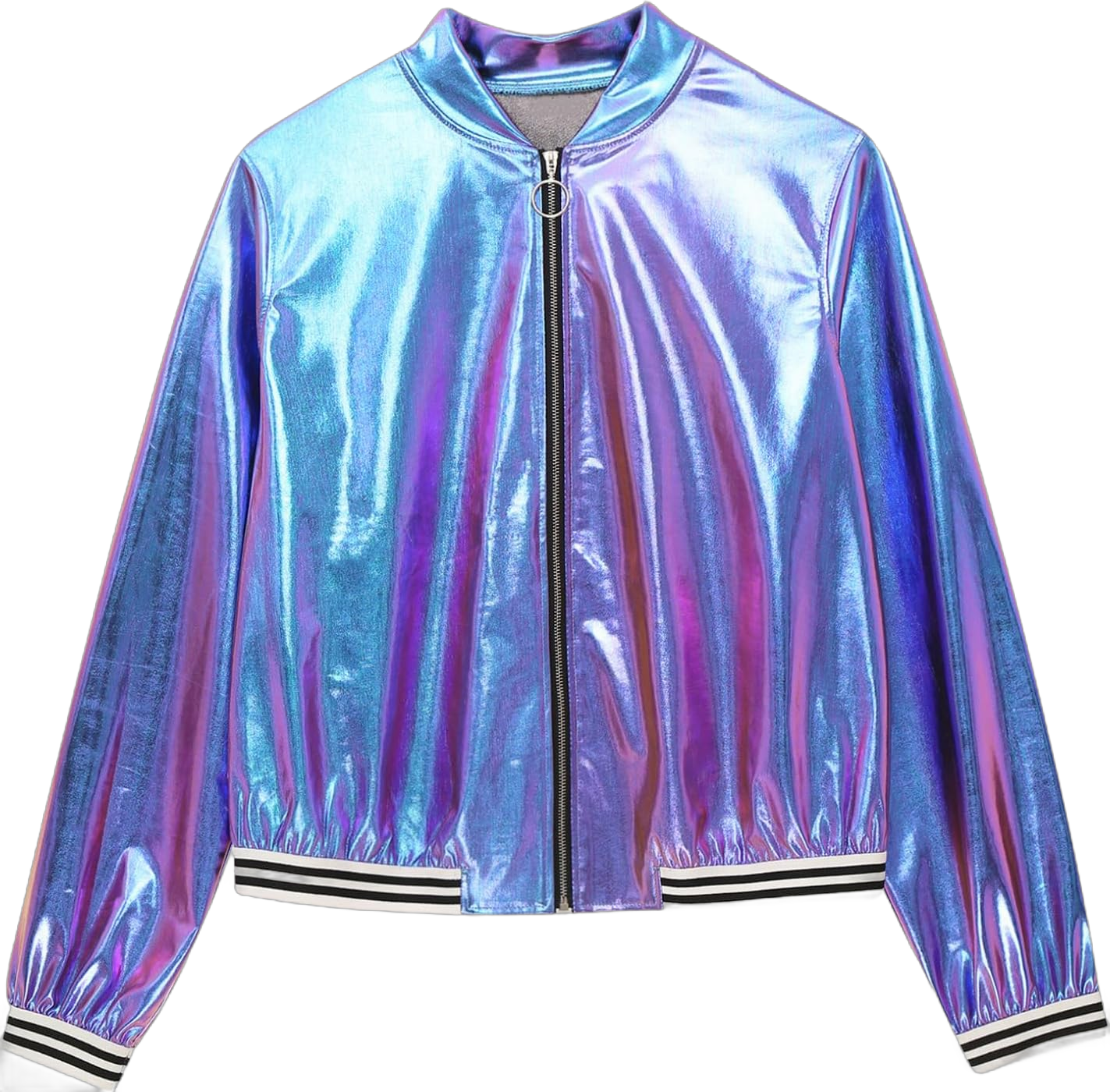 Freebily Women Shiny Metallic Bomber Jacket Lightweight Front Zip Long Sleeve Jacket Coat Outerwear Small Blue