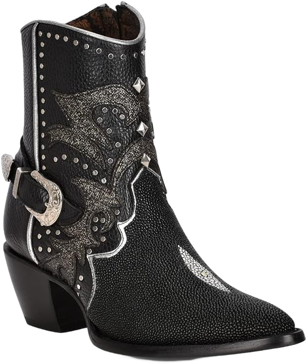 Cuadra Women's Bootie in Genuine Stingray Leather Black with Zipper and Studs 8 Black