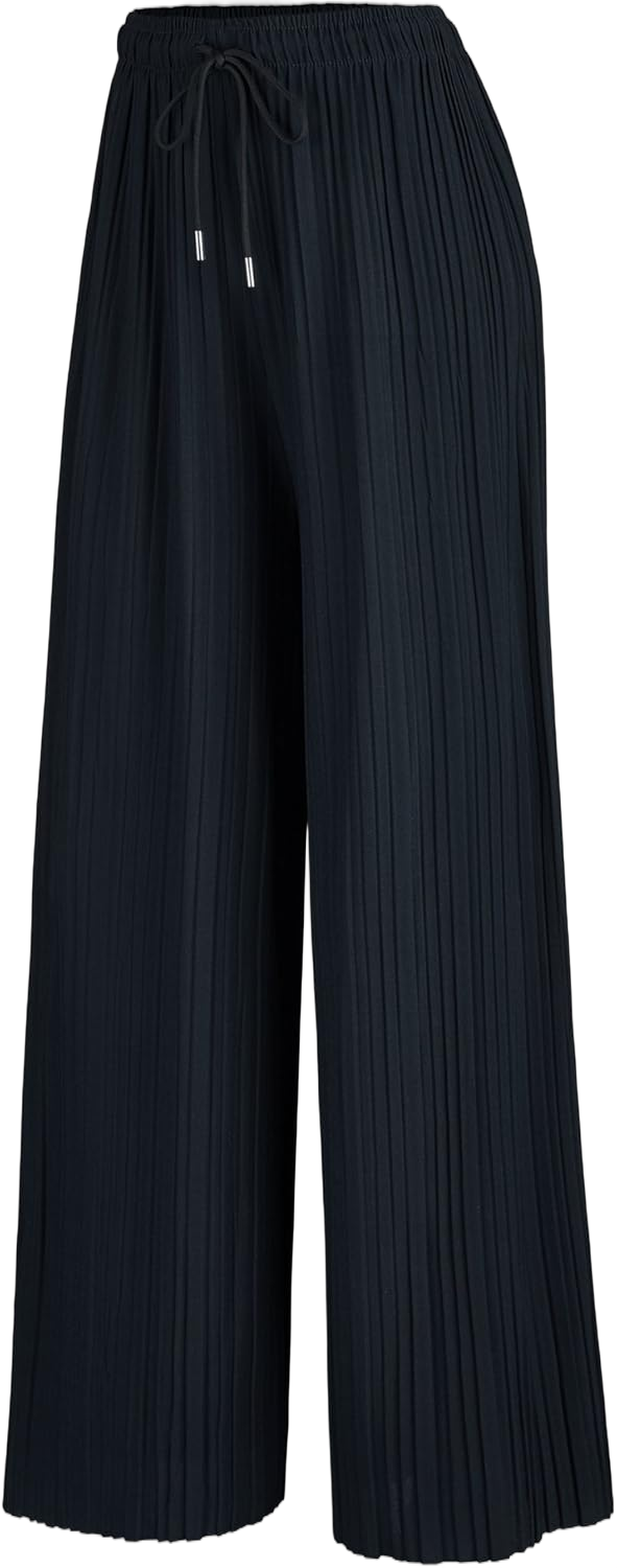 Lock and Love Womens Pleated Wide Leg Palazzo Maxi Pants with Drawstring or Elastic Band Drawstring One Size Wb1485_navy