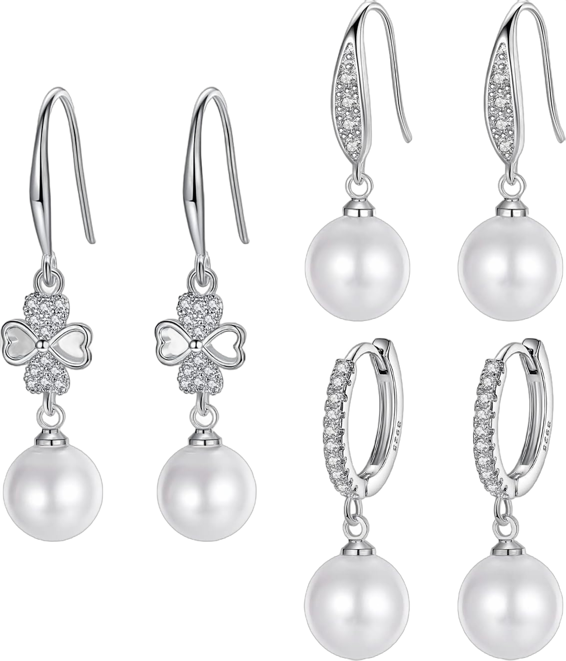 Pearl Earrings for Women Set Pearl Drop Earrings Dangle 925 Sterling Silver Cubic Zirconia Hypoallergenic Hoop Earrings for Mother Her A-Silver