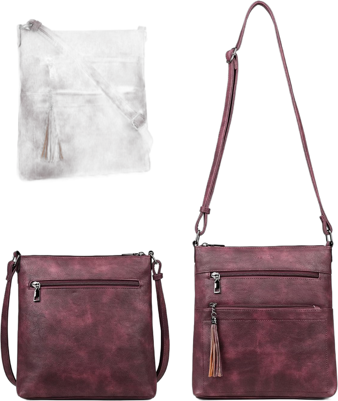 MASINTOR Crossbody Purses for Women, Multi Pocket Casual Crossbody Bag, Adjustable Strap Shoulder Bag with Tassel Burgundy