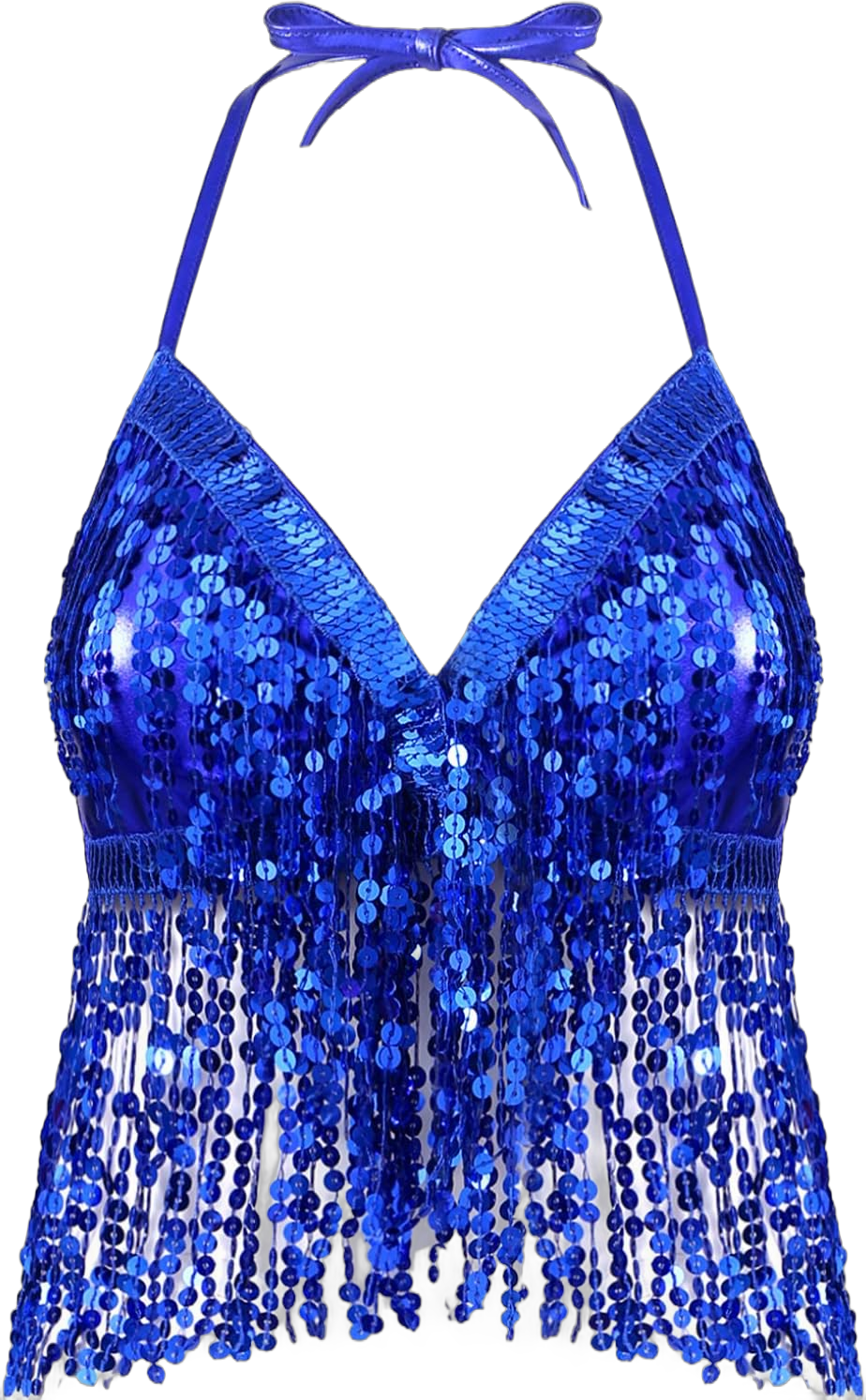 Freebily Womens Sequins Tassel Bra Top Belly Dance Fringe Crop Tops Halloween Festival Rave Dance Outfits Fancy Dress One Size Royal Blue