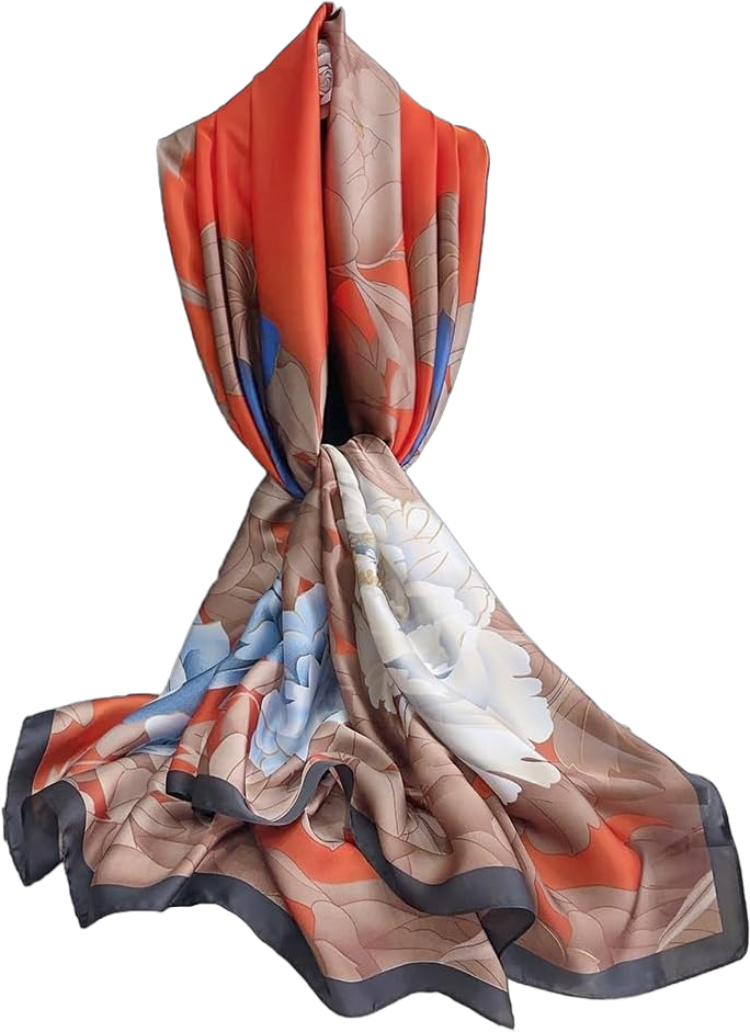 Qyx Women's Fashion 100% Mulberry Silk Large Scarf-Elegant Lightweight Satin Flowers & Birds Printed Shawls & Wraps for Lady 366-orange