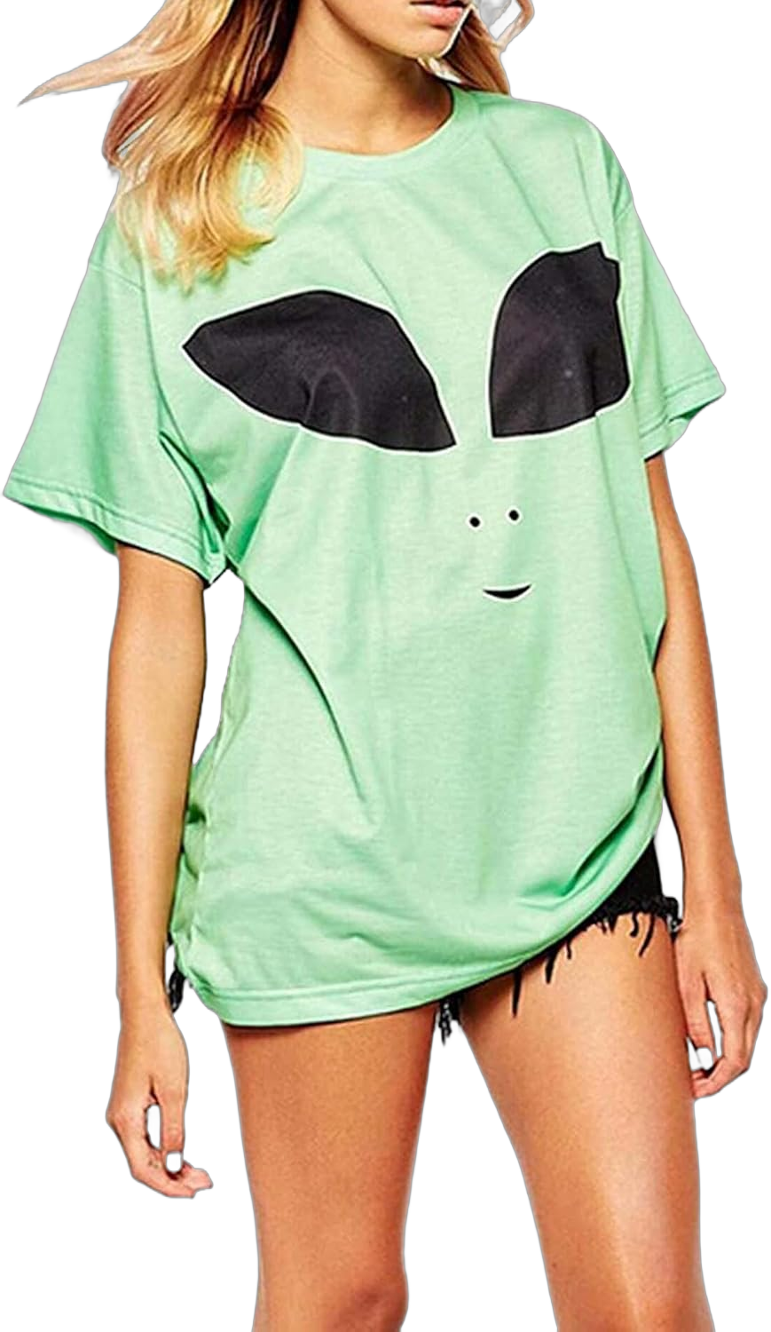 Womens Casual Alien Print Short Sleeve Loose T-Shirt Top Green Green Medium