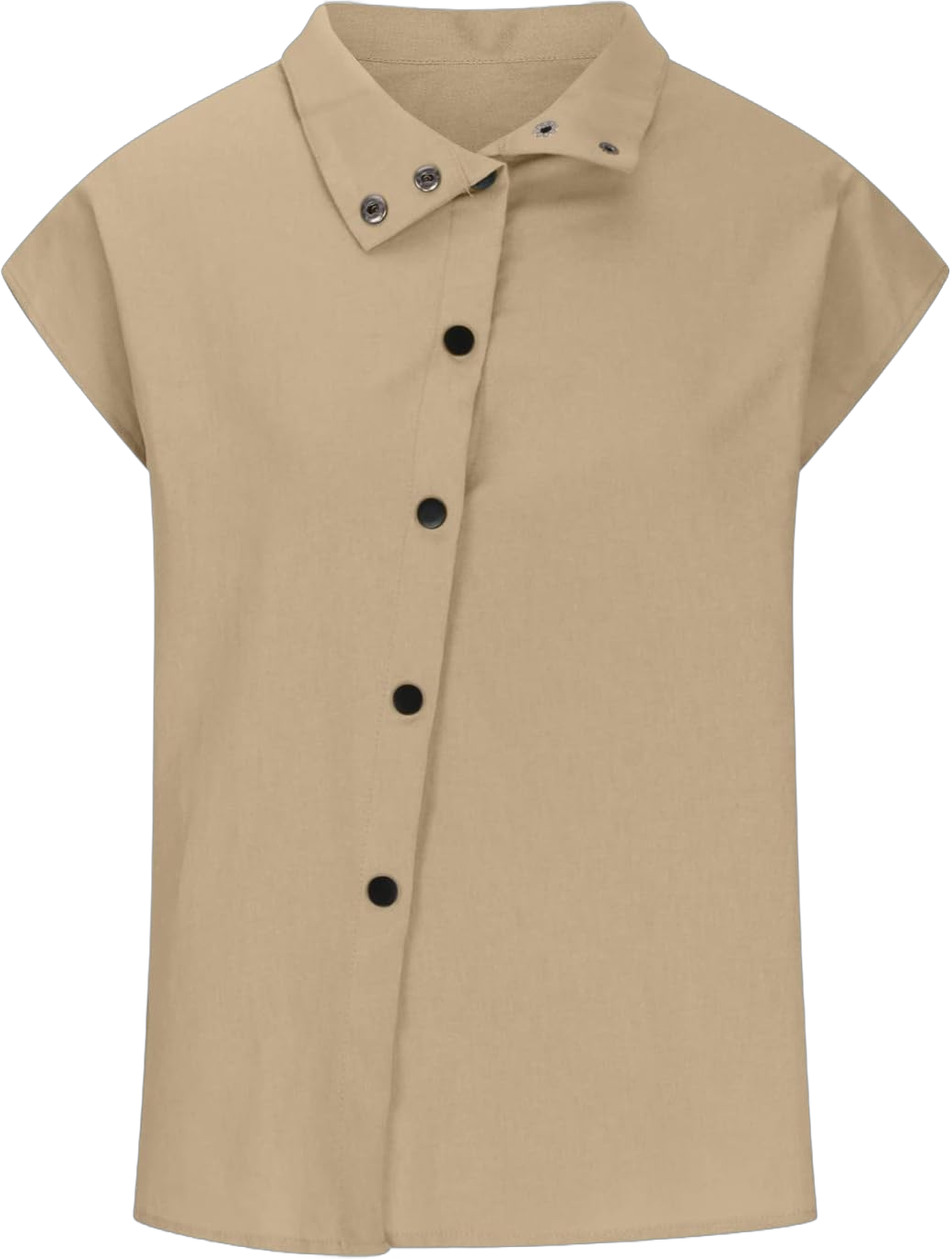 Linen Shirts for Women Casual Summer Button Down Tops Casual Loose Standing Collar Tshirt Solid Blouses #G04-khaki Small