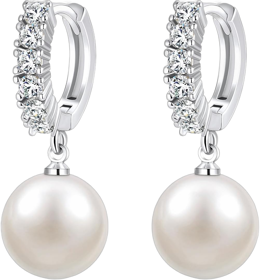 AiliFe Pearl Earrings for Women, Pearl Drop Dangle Earrings, 5A+ Cubic Zirconia Pearl Hoop Earrings Hypoallergenic Jewelry Gift for Ladies Silver Pearl Earrings