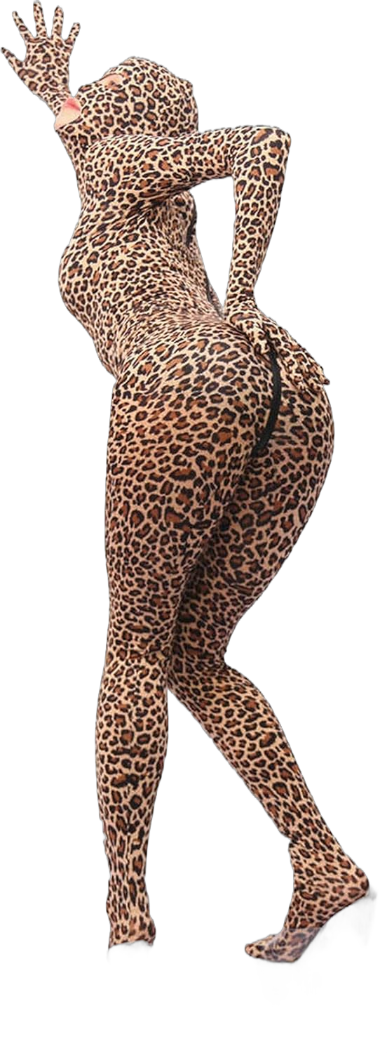 Women's Sexy High Elastic Leopard Bodysuit Catsuit Zipper Crotch Zentai Suit Unitard Jumpsuit with Gloves Hood Leopard Printed Large