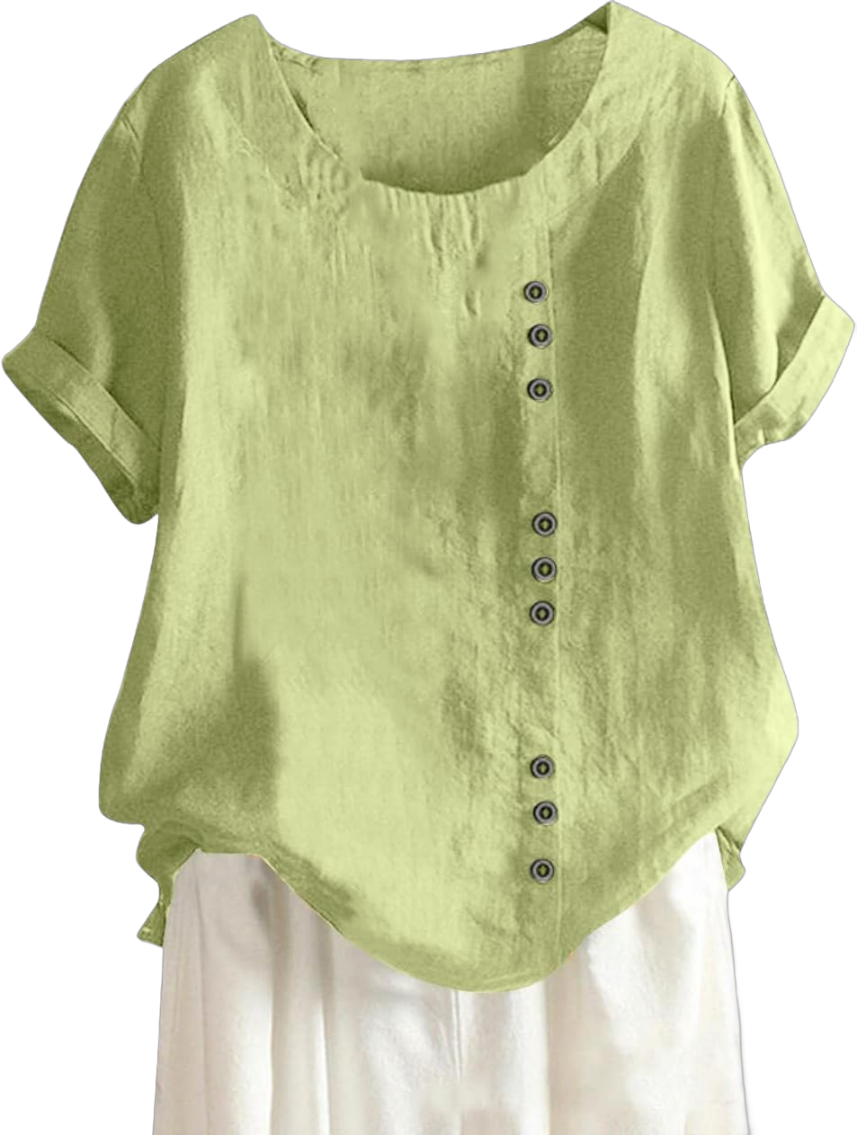 Womens Daily Round Neck Tunic Short Sleeve Blouse Temperament Ladies Tee Vintage Cotton and Print Button Summer Shirt 4X-Large 1-mint Green