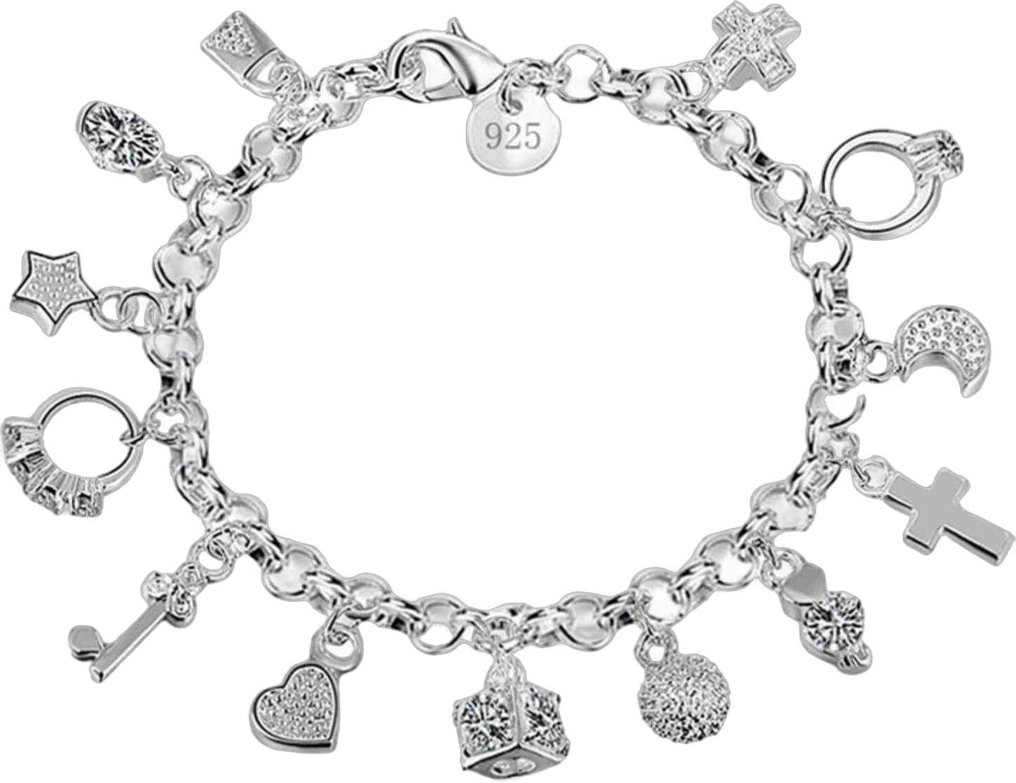 Rrdaily Charm Silver Thirteen Hanging Pieces Bracelet for Women, Lucky Myth Charms Cross Heart Star Bracelets Lovers Friends Jewelry Gifts Pendant