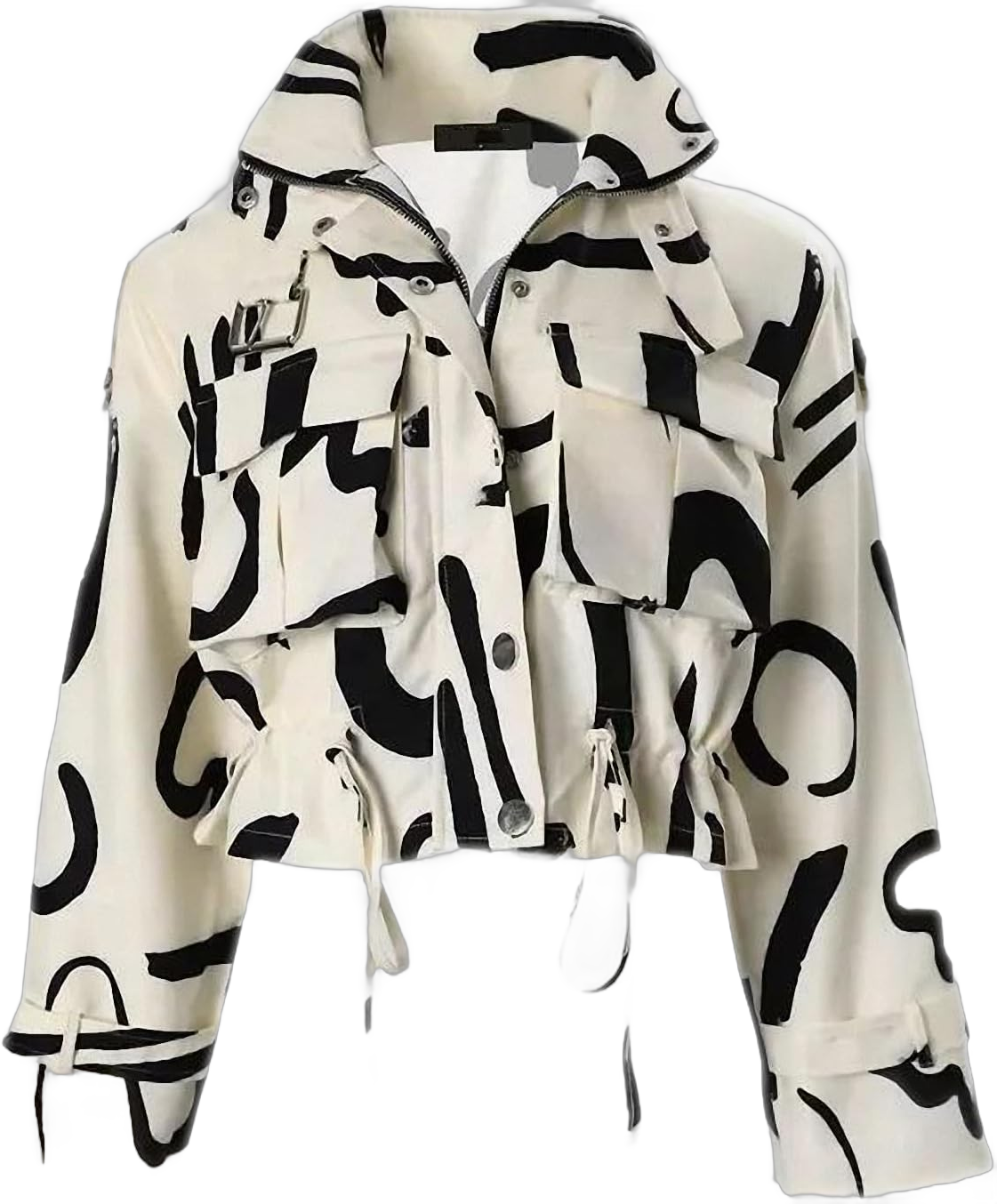 Women Stand Collar Allover Geometric Print Light Coat Long Sleeve Zipper Short Jacket Snap Button Drawstring Pocket Loose Top XX-Large Apricot