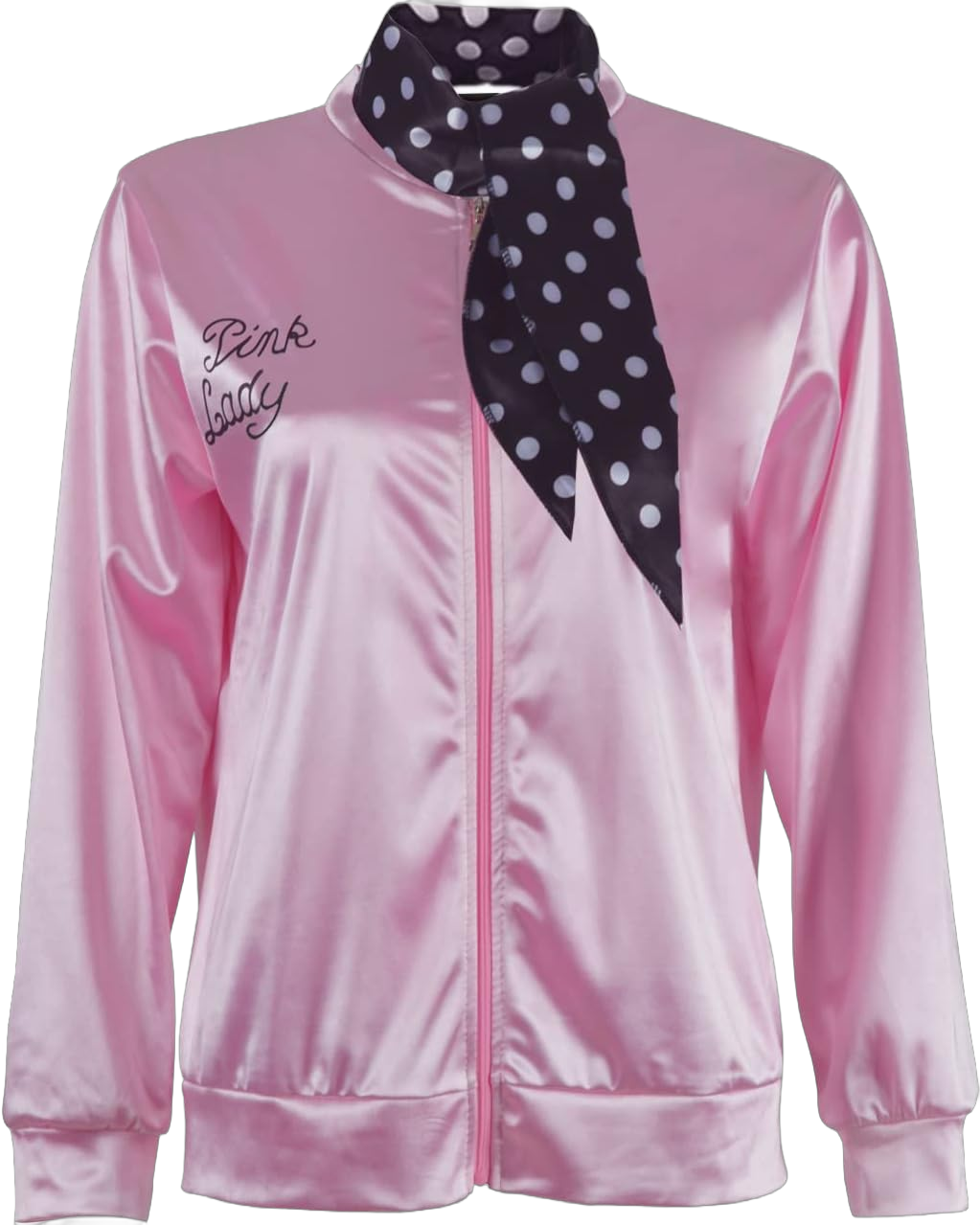 Nostalgic 50S Pink Satin Jacket for Women Lady Girls with Spotted Neck Scarfs Halloween Cosplay Costume