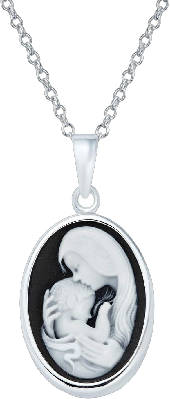 Classic Antique Vintage Style Blue Black White Carved Oval Simple Framed Victorian Lady Portrait Mother Cameo Pendant Necklace For Women Wife .925 Sterling Silver Customizable White 1.1 Inches