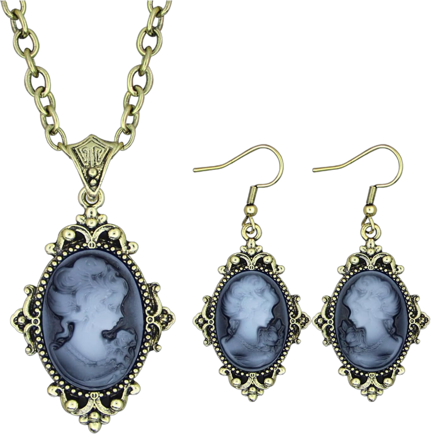 Vintage Cameo Necklace Earrings Jewelry Sets For Women Victoria Pendant Bronze Fashion Lady Queen Cameo Jewelry