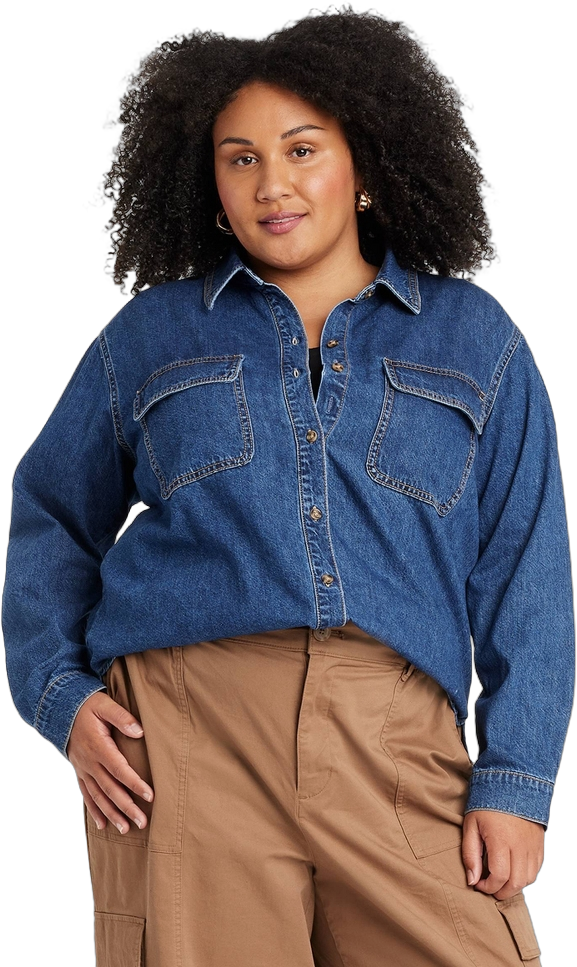 Women&#39;s Denim Long Sleeve Button-Down Shirt - Ava &#38; Viv&#8482; Medium Wash 4X