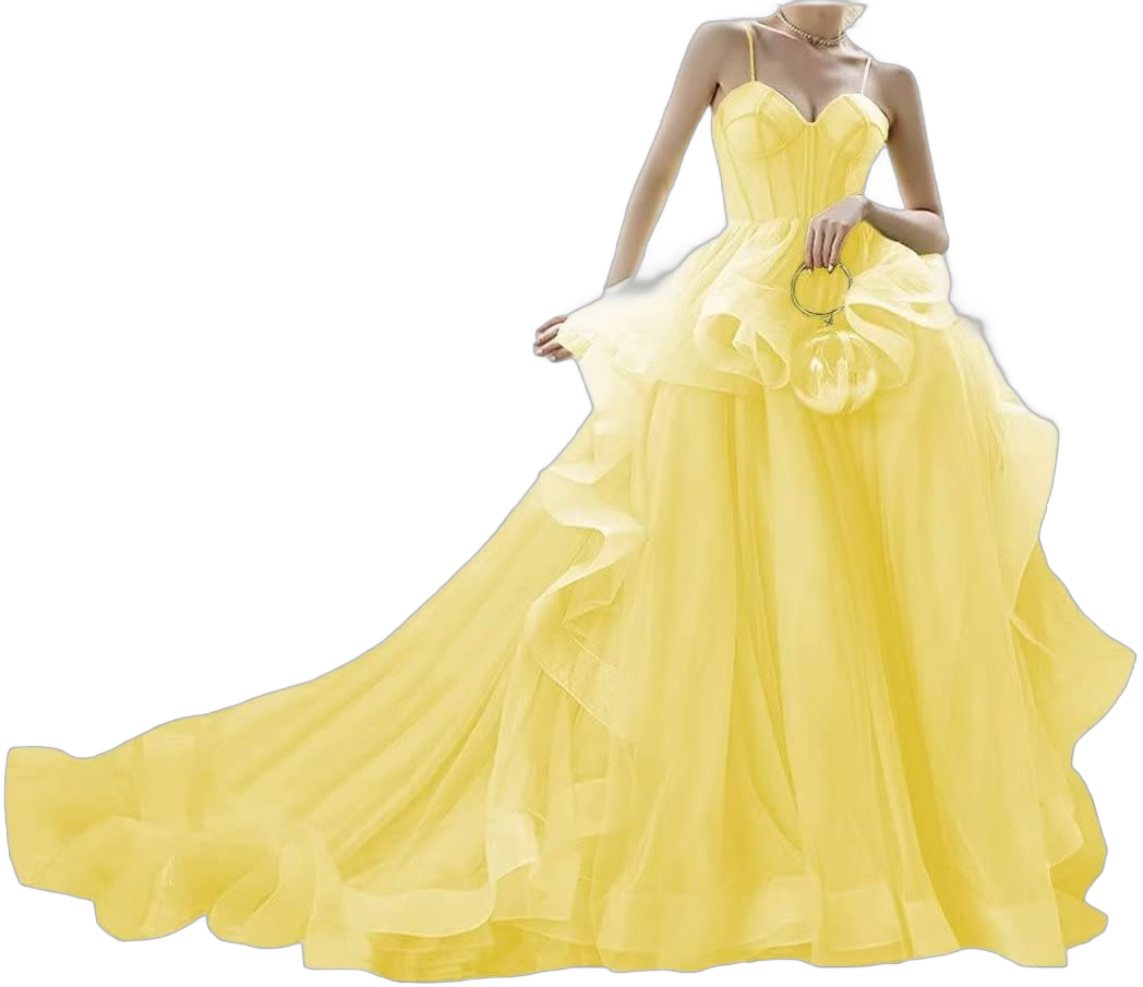 Mauuwy Spaghetti Straps Tulle Prom Dresses for Women Long Sweetheart Ball Gown Puffy Ruffled Evening Gowns with Train Y94 22 Plus Yellow