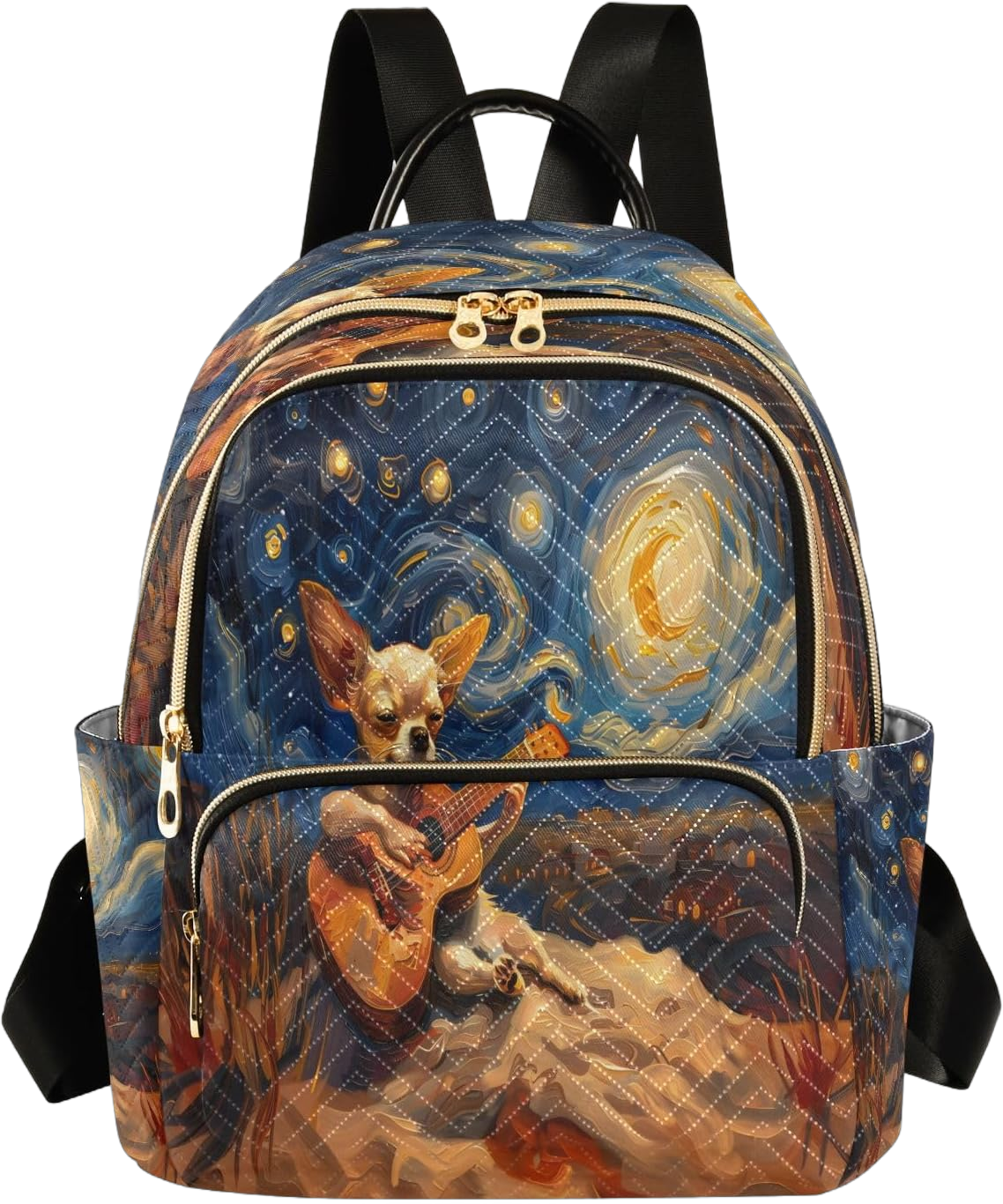 Dog Playing Guitar under The Stars Women Fashion Backpack Purse Multi Pockets Rucksack Travel Shoulder Bag，S Small Dog Playing Guitar Under the Stars