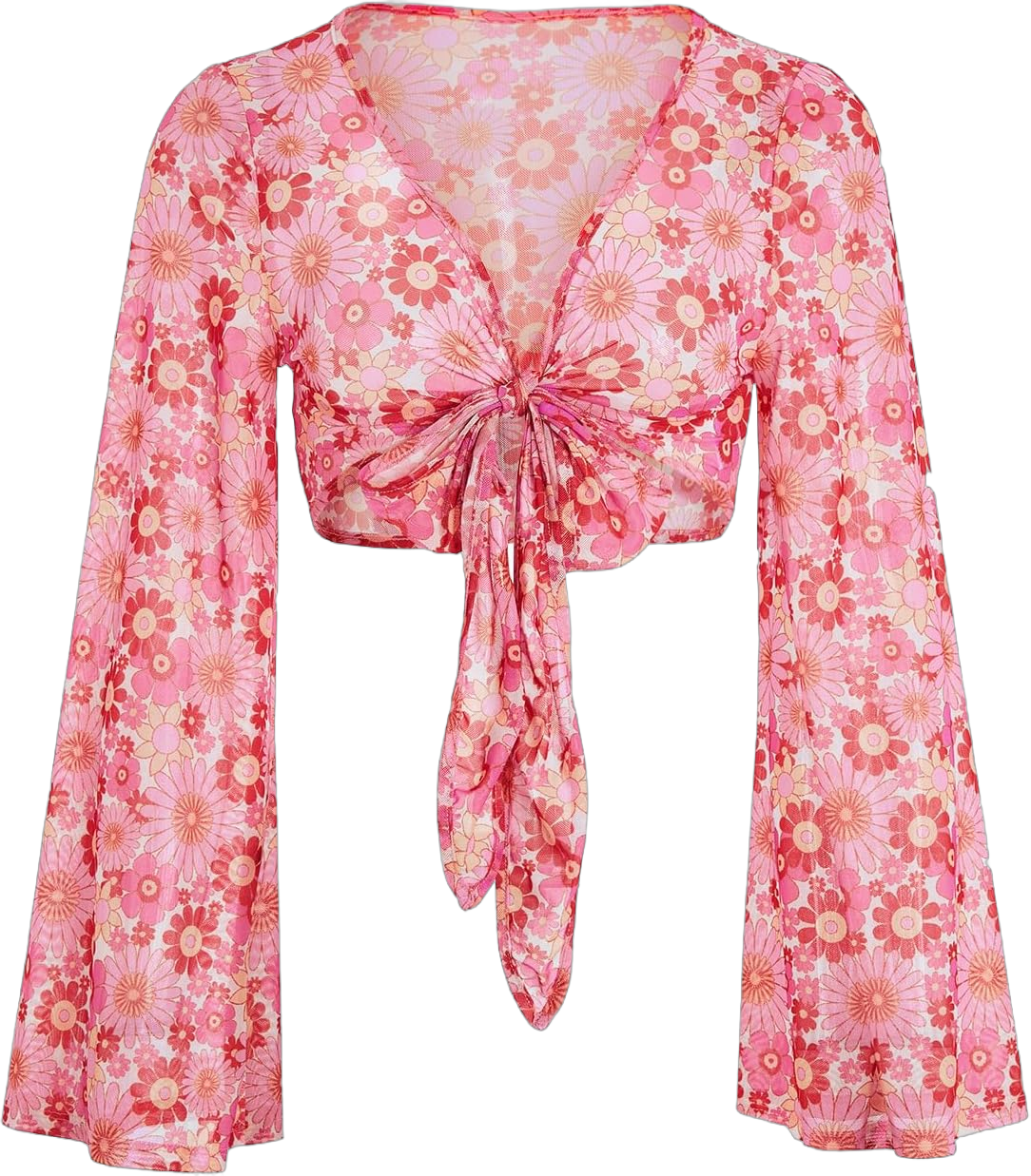 Verdusa Women's Boho 70s Tops Tie Front Bell Long Sleeve Floral Print Mesh Sheer Blouse Crop Tops X-Small Floral Pink