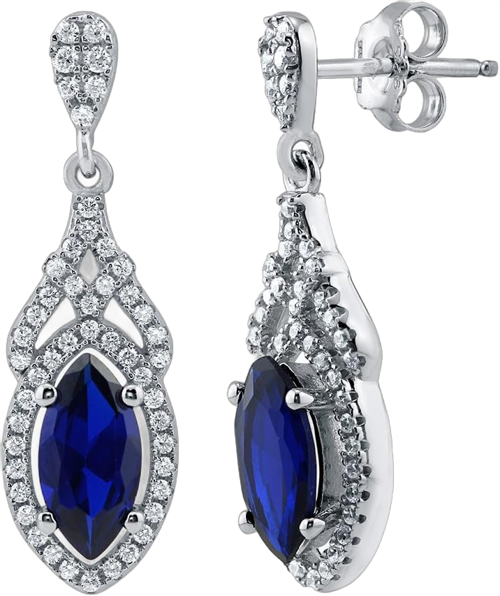 BERRICLE Sterling Silver Halo Marquise Cut Cubic Zirconia CZ Vintage Inspired Art Deco Anniversary Dangle Drop Earrings for Women, Rhodium Plated, Color (Ruby, Sapphire, Clear)