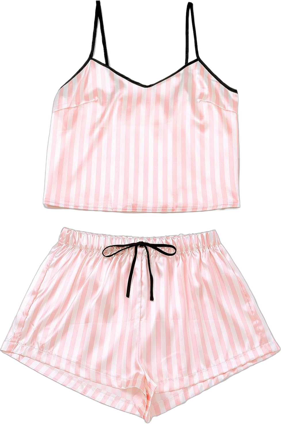 Womens Pajama Set Silk Satin PJ Set V Neck Pink Striped Cami Top Shorts Sleeveless Sleepwear Spaghetti Straps