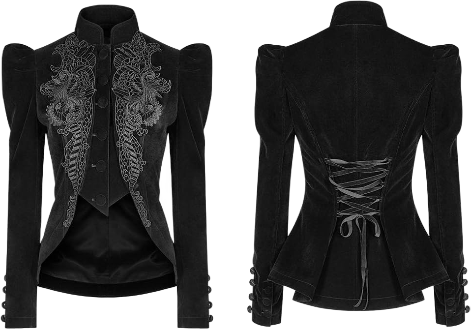 Women Gothic Jacket Black Vintage Victorian Stage Performance Costume Long Sleeve Lace Velvet Short Tailcoat