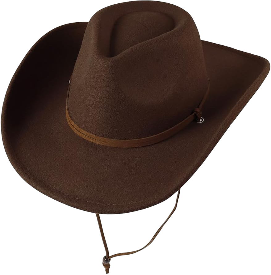 Women Men Fashion Wide Brim Teardrop Crown Felt Western Cowboy Cowgirl Hat with Drawstring Chin Cord