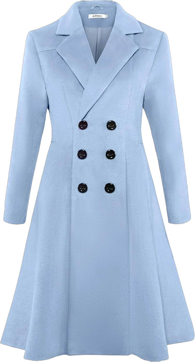 APTRO Women's Winter Long Wool Dress Coat Double Breasted Vintage Coat WS02 Light Blue M