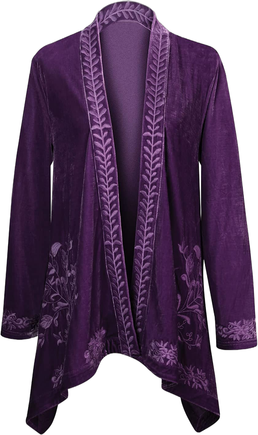 FLORIANA Womens Embroidered Kimono Cardigan Velvet Blazer Open Front Kimono Top - Purple, XL