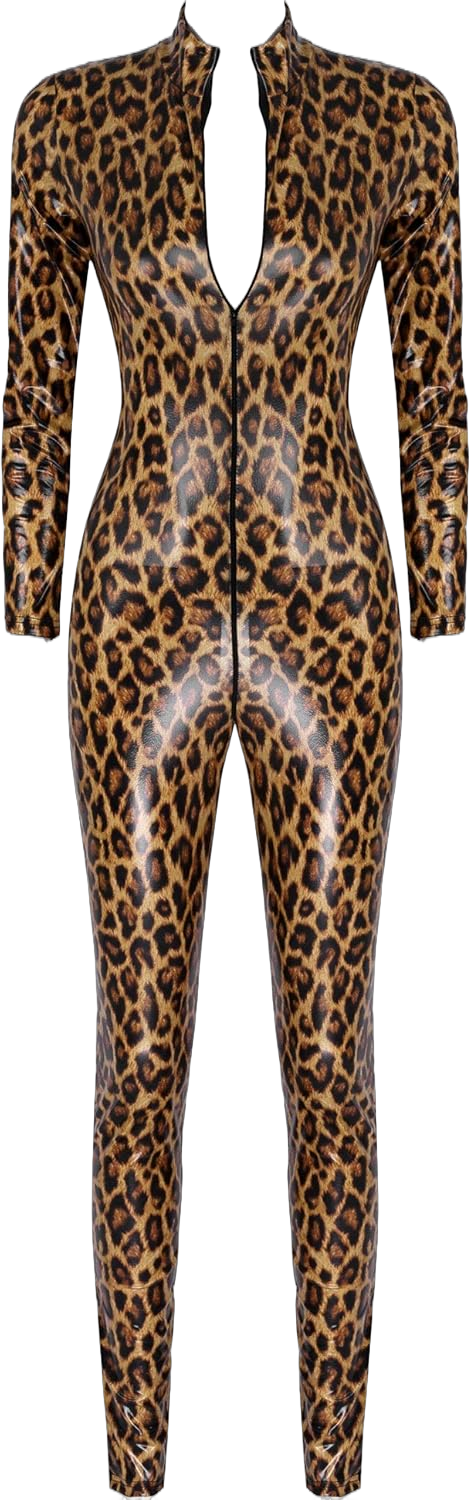 Agoky Womens Halloween Costume Faux Leather Leopard Printed Bodysuit Long Sleeve Jumpsuit Catsuit Large Brown